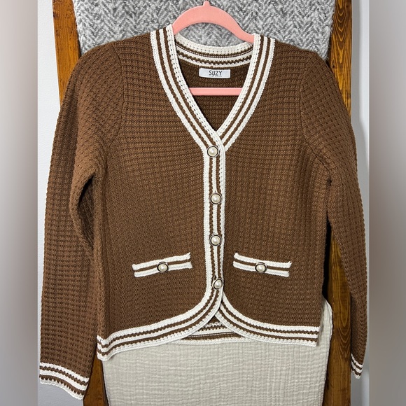 Suzy Shier Sweaters - Suzy Shier Brown Knit Cardigan with Cream Trim